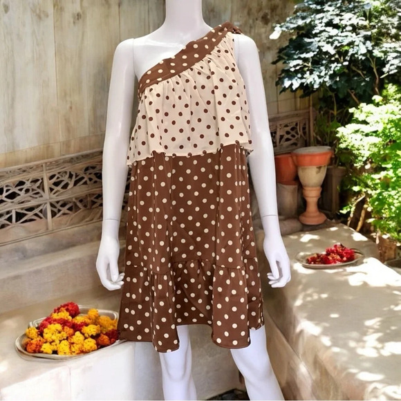 ASOS Y.A.S one shoulder mini dress in chocolate polka dot Size Small - Picture 2 of 12